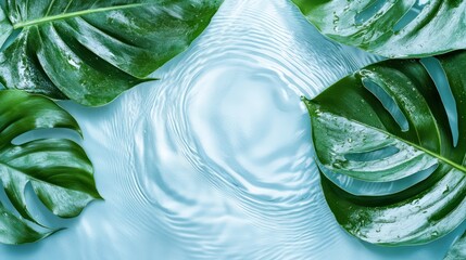 Tropical leaves float on water, creating ripples; spa, wellness background