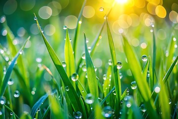 Fototapeta premium Dew-kissed grass blades bathed in morning sunlight
