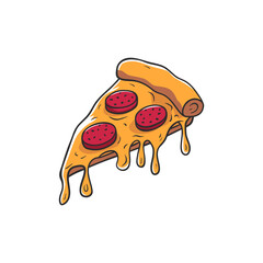 Illustration of a pizza slice with pepperoni, featuring a cartoonish style with melting cheese dripping from the crust