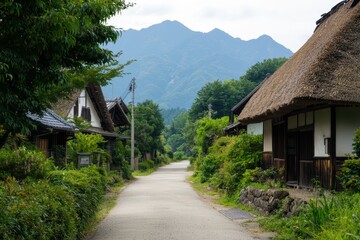 Scenic View of a Traditional Japanese Village with Thatched Roof Houses and Mountain Backdrop