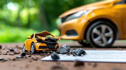Fototapeta premium Miniature toy car model crashed and damaged in an outdoor field with green nature landscape conveying the concept of speed motion and accident in a creative stylized way