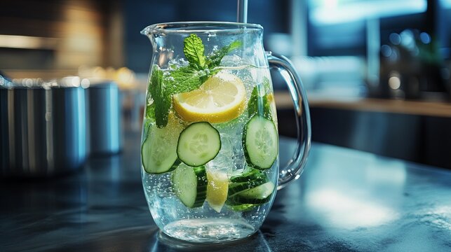 A pitcher of sparkling water infused with fresh lemon, cucumber, and mint - Powered by Adobe