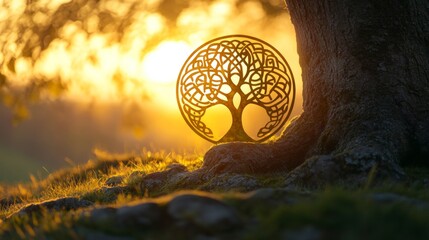 Fototapeta premium Golden Tree of Life Silhouette at Sunset
