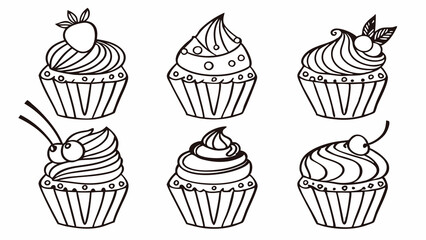 Variety of Hand-Drawn Cupcake Illustrations, Collection of Detailed Outlines for Coloring Books