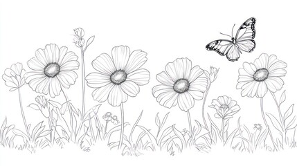 Grassy field flowers and butterfly line art