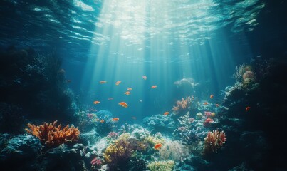 Naklejka premium Serene underwater scene with colorful coral reefs and fish swimming gracefully, illuminated by sunlight filtering through clear blue water