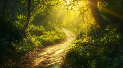Obraz premium Sunlit Path Through a Lush Green Forest