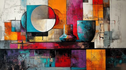 Colorful abstract geometric art with vases and circles in modern style