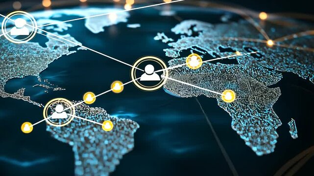 A virtual map with glowing lines connecting cities worldwide, illustrating the expansive reach of global business networks and collaborative communication in the digital age.