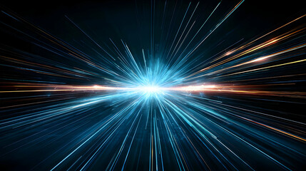 Abstract Digital Light Burst With Blue And Gold Linear Trails Emerging From A Central Bright Point