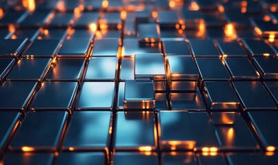 Obraz premium Shiny metal cubes arranged in a perfect grid, reflecting a gradient of warm orange and cool blue light, creating a modern futuristic aesthetic