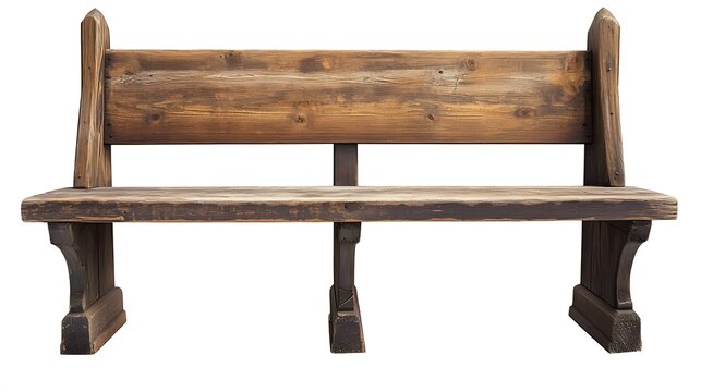 A rustic wooden church pew bench with a weathered finish, isolated on a white background