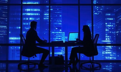 Silhouettes of two business professionals seated at a desk in a dimly lit corporate office, glowing blue light highlighting their focused discussion
