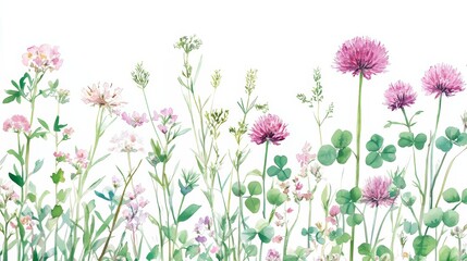 Watercolor bouquet of clover and yarrow flowers isolated on a white background, for wedding invitations, summer-themed artwork, wrapping paper, or sketchbook, adding natural beauty and elegance