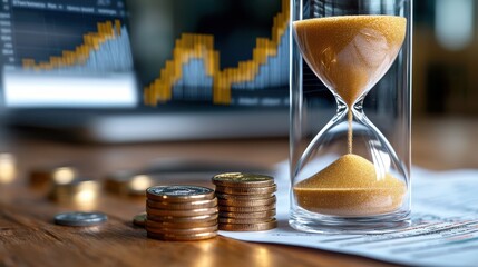 Hourglass and stacked coins on a computer screen displaying financial graphs and charts symbolizing the concept of time investment financial growth and strategic planning for the future