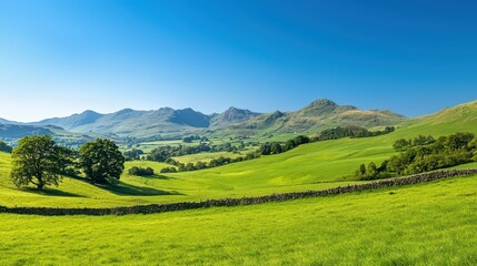 Obraz premium Scenic View of a Lush Green Meadow Beneath a Clear Blue Sky with Gentle Rolling Hills