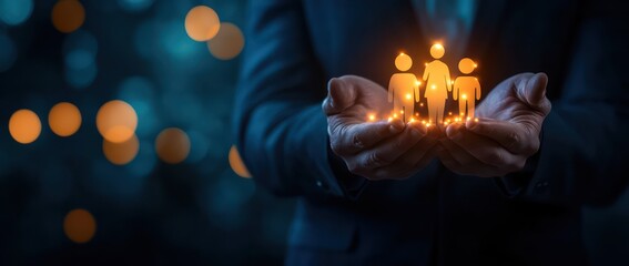 Businessman protects family, glowing figures in hands, bokeh background