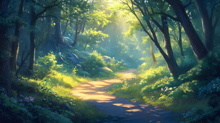 Fototapeta premium Sunlit Path Through a Lush Green Forest