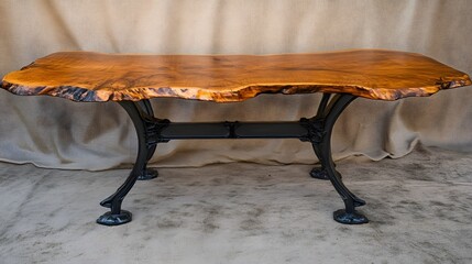 A handcrafted live edge wood slab dining table with black metal legs, isolated on a plain backdrop