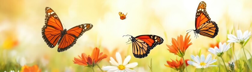 Naklejka premium Serenity in a Wildflower Field with Butterflies Dancing in Gentle Breeze
