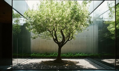 A Single Tree in a Glass Encased Courtyard