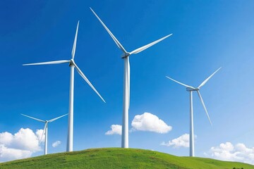 Fototapeta premium Spinning Wind Turbines on a Green Hillside Under a Clear Blue Sky with Fluffy Clouds