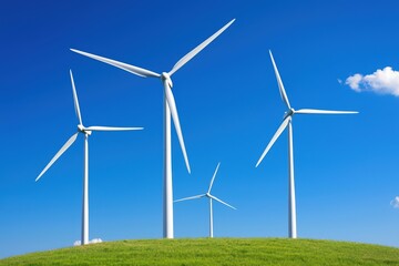 Wind Turbines Spinning on Green Hillside Against Clear Blue Sky with White Clouds