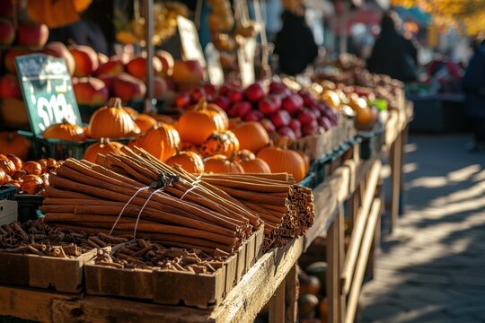 Autumn market stall displaying bundles of cinnamon fresh produce and seasonal delights vibrant outdoor environment inviting shopper's viewpoint celebrating the essence of fall