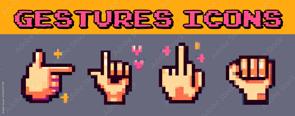 Poster pixel art vector illustration showcasing hand gestures like pointing and fist signs, adorned with co