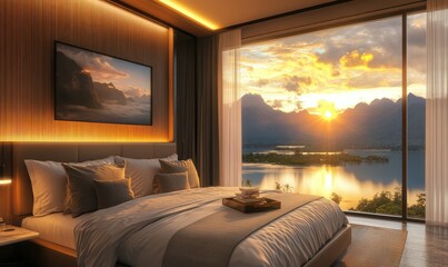 Elegant hotel room with warm tones offering stunning views of a vibrant sunset over a serene body of water and tranquil mountains in the distance