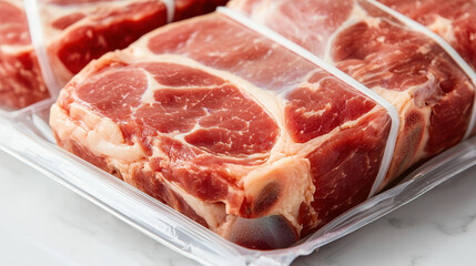 Fototapeta premium Fresh raw meat in vacuum sealed packaging on white surface