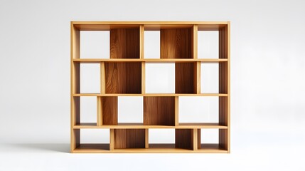 A minimalist open-shelf bookcase with staggered compartments, isolated on a plain white background