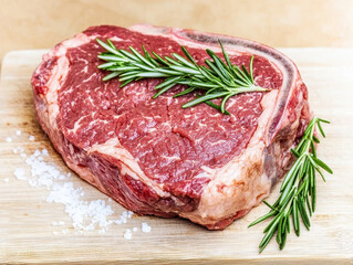 Raw beef steak with rosemary on wooden cutting board