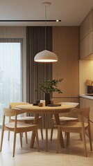 Scandinavian dining area with a round table, wooden chairs, and a pendant light