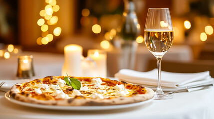 Fototapeta premium In a quaint 19th-century French restaurant, an elegantly set table showcases a thin-crust pizza topped with creamy goat cheese, paired with a glass of white wine, creating a perfect dining experience