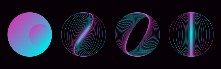 Neon round circle elements in line art style and fill. Abstract gradient geometric 3d shapes in pink blue purple colors