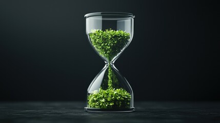Hourglass with green plants inside representing the concept of time renewal and sustainability  The hourglass symbolizes the passage of time and the cyclical nature of life
