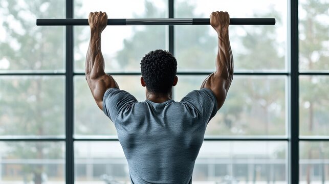 Muscular athletic man doing pull up exercise with focused determination and discipline in bright gym setting with large window  Concept of strength training fitness healthy lifestyle personal growth