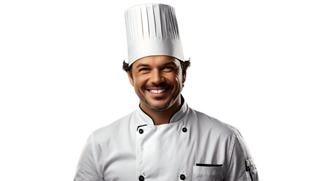 portrait of a chef, Portrait of a smiling handsome chef with a hat, isolated on white background