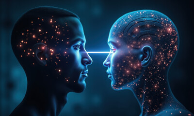 Obraz premium AI Connection: Human & Robot Faces - AI & Technology