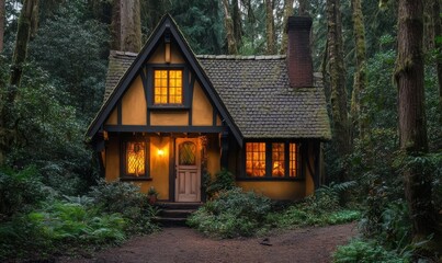 Enchanted cottage nestled in a forest, warmly lit at dusk.