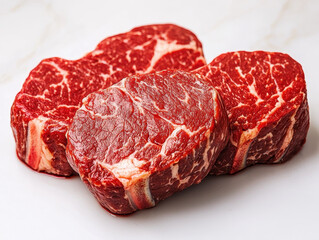 Obraz premium Three marbled beef steaks on white surface