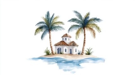 Obraz premium Tropical Island with Palm Trees and Charming Coastal Cottage Watercolor