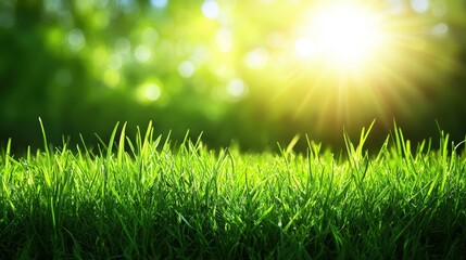 Obraz premium Lush emerald grass bathed in radiant sunlight casts a warm, golden glow across a serene meadow. Dew glistens like diamonds amid vibrant greens