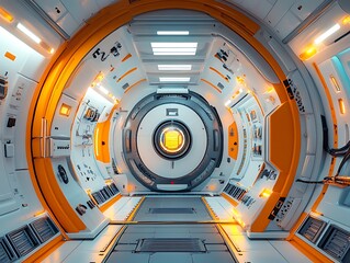 Spacecraft Inner Hall, Futuristic, Bright, Illuminated