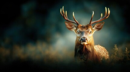 Fototapeta premium Majestic deer with impressive antlers gazes intently from the misty autumnal forest underbrush The peaceful serene and mysterious mood of this natural wildlife scene creates a captivating cinematic