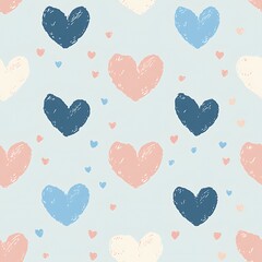 Seamless pattern of tiny hearts on a blue background in a simple doodle style design