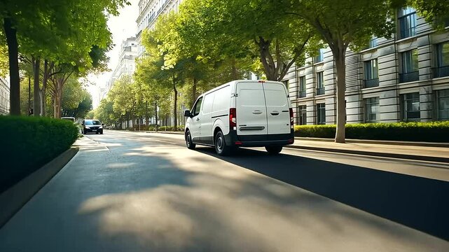 In the heart of a city, a white van with a clean design drives down a tree-lined street, showcasing its role in fast and eco-friendly logistics solutions for timely deliveries.