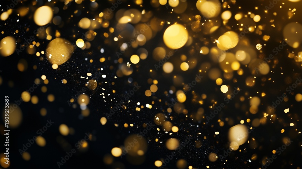 Wall mural golden background with bokeh. confetti on a black background with gold and black confetti. anniversa
