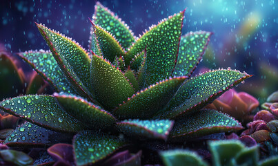 Captivating Close-up of a Dewy Succulent: Nature's Beauty and Refreshing Greenery Under Soft Rain